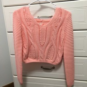 Pink Crop Lace Up Sweater